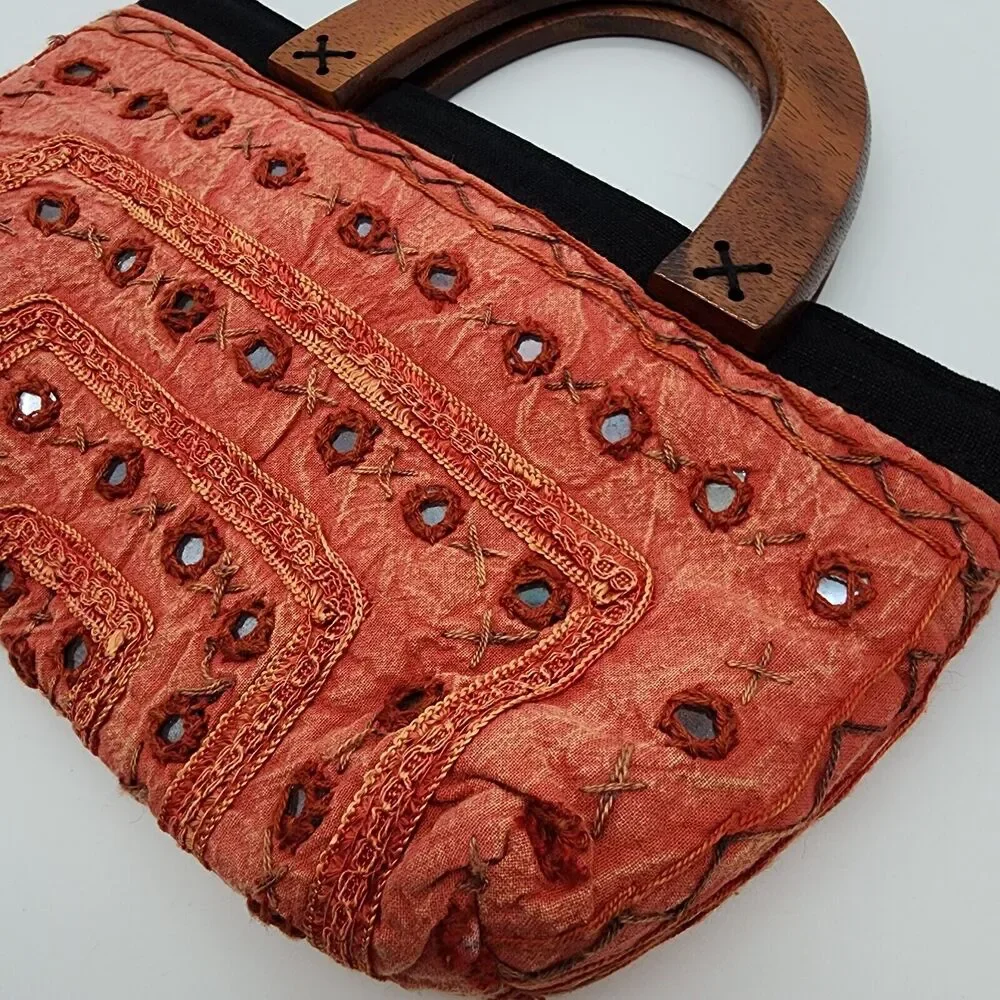 Thai Fabric Wooden Handle Tote Bag Orange Embroidered Artisan Boho Hippie 10x6